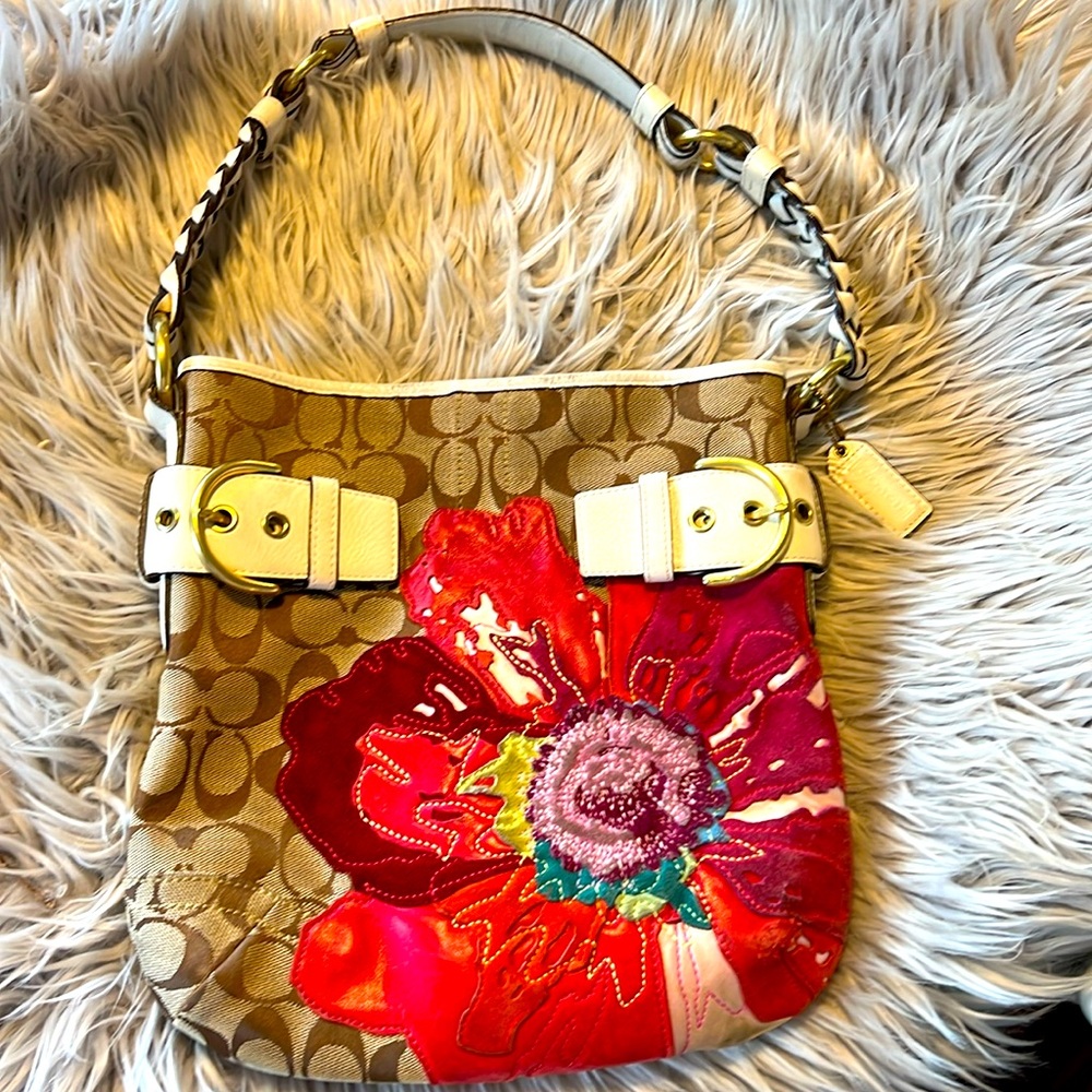 Vintage Authentic COACH Shoulder Bag Purse Poppy Flower Canvas Brown Red